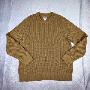 LL Bean Organic Cotton Waffle Sweater Roll Neck Crew Mens L Brown Heathered Yarn